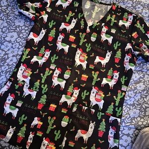 Festive Llama Print Black Women's Short Sleeve Top